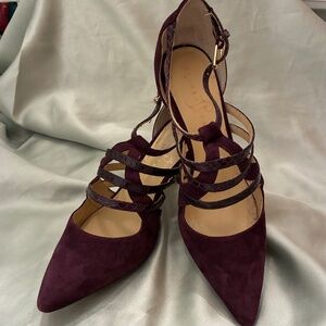 Ivanka Trump Plum Suede w/Faux Snakeskin Strappy Pumps Size 6.5 70mm Heel VGUC